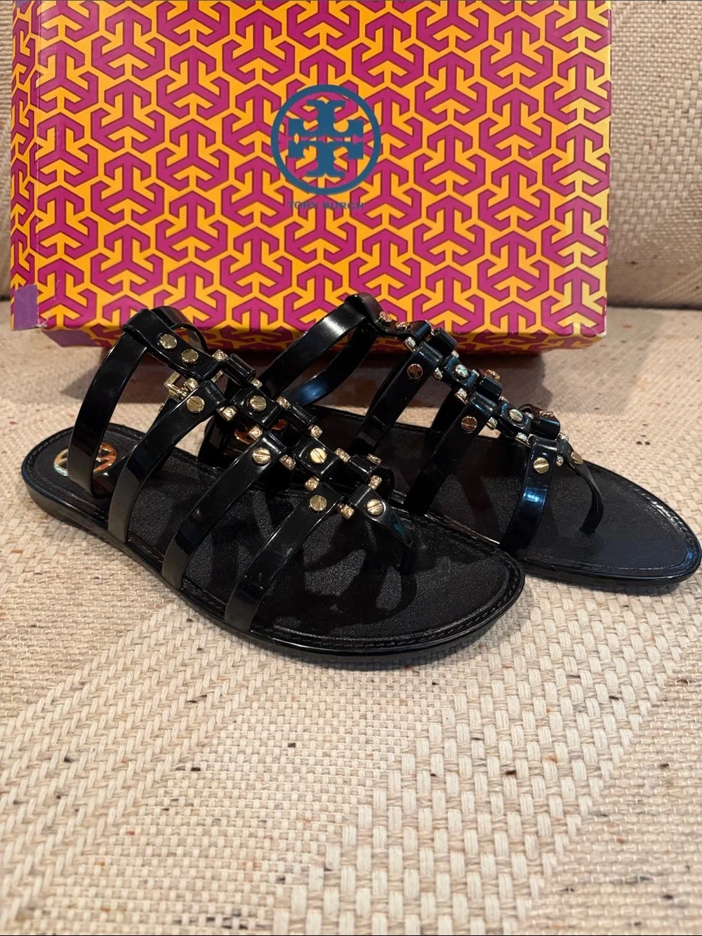 Tory Burch Black Studded Strappy jelly Flat Sandals